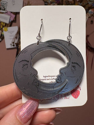 Silver and Black Crescent Moon Dangle Earrings MTS|145185