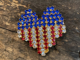 Signed OTC Patriotic American Flag rhinestone heart gold tone Brooch Pin #62 VV MTS
