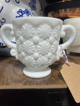 White  Vtg Fostoria Daisy & Button Milk Glass cream & sugar, 3.5x3.5 and 3x 4 inches