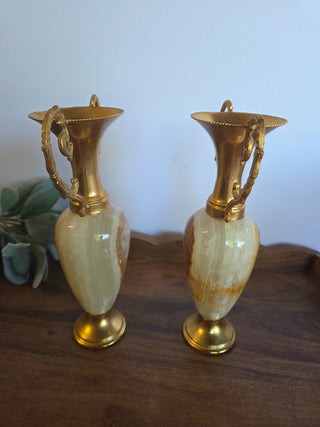 Vtg Italian Marble & Onyx Brass Candle Holders- RSV