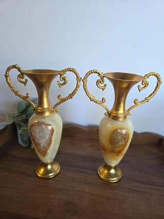 Vtg Italian Marble & Onyx Brass Candle Holders- RSV