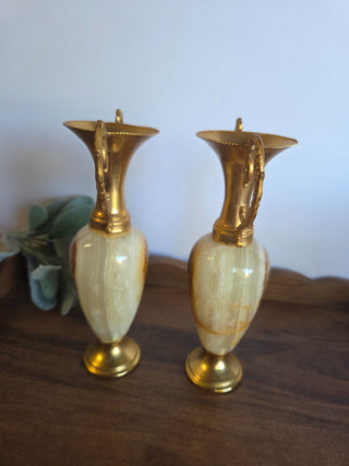 Vtg Italian Marble & Onyx Brass Candle Holders- RSV