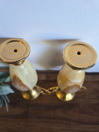Vtg Italian Marble & Onyx Brass Candle Holders- RSV