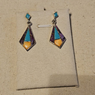 .925 inlaid purple mohave spiny oyster and turquoise signed dangle earrings|89672
