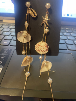 Gold Earrings with Pearls and Shelves-RSV|90240