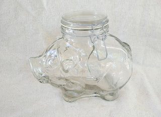#62 VV Vintage Clear Glass Piggy Cookie Mason Storage Jar Canister With Wire Bail Lid MTS