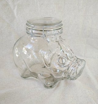 #62 VV Vintage Clear Glass Piggy Cookie Mason Storage Jar Canister With Wire Bail Lid MTS