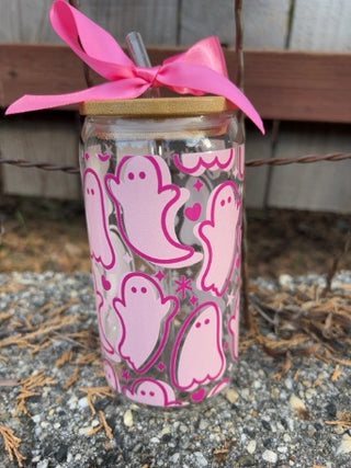 NEW Pink Ghost Glass Tumbler with Engraved Name Bamboo Lid and Glass Straw
