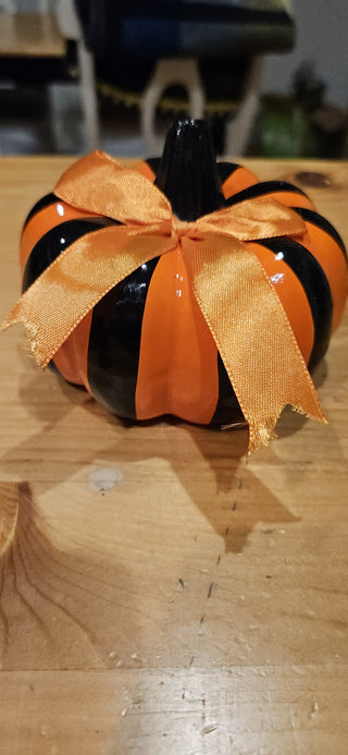 Striped Ceramic Pumpkin with orange bow, RSV