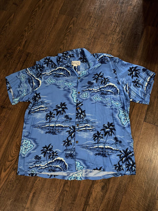 Men's XL Bishop St. Hawaiian Shirt Blue Palm Trees & Islands RCD