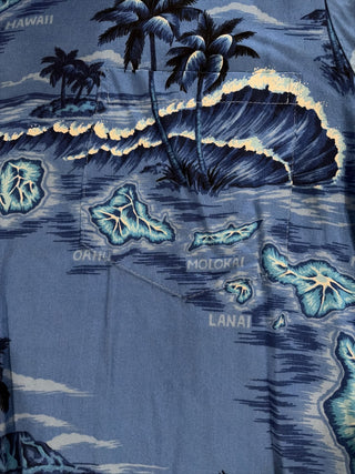 Men's XL Bishop St. Hawaiian Shirt Blue Palm Trees & Islands RCD