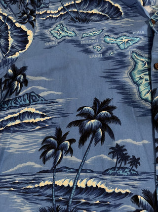 Men's XL Bishop St. Hawaiian Shirt Blue Palm Trees & Islands RCD
