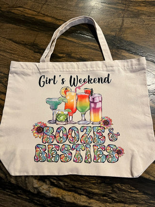 "Girl's Weekend, Booze And Besties" Large Zippered Canvas Tote RSV|84775