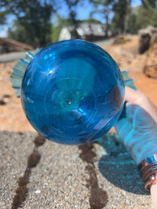 8” vintage Blenko Art Glass vase Azure Blue ruffled or crimped top edge