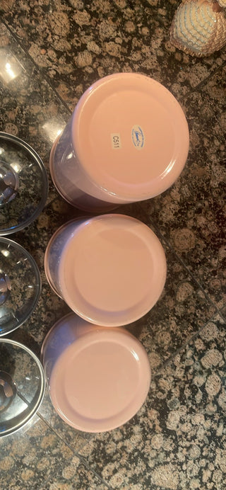 103-Lot of 3 enamel, pink food containers|63343