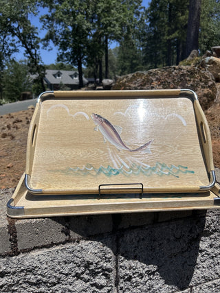12F vintage set of 3 Woodpecker Woodware blonde wood trays with etched and painted fish MTS|83693