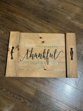 Handmade Grateful, Thankful, Blessed Wooden Serving Tray w/Handels RCD|121523