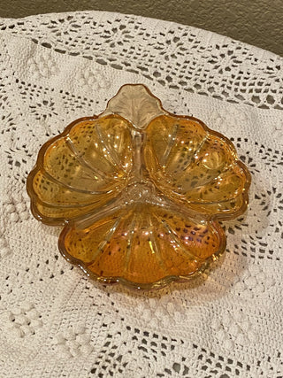 Vtg Marigold Carnival glass divided leaf dish
