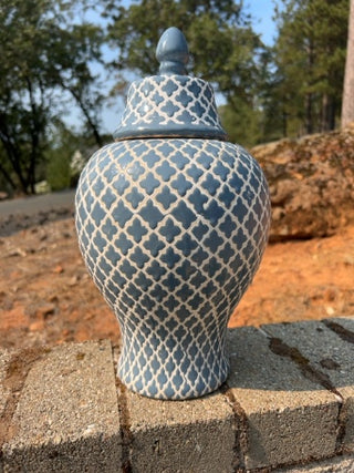 14” Ceramic Latticed Blue & White Ginger Jar