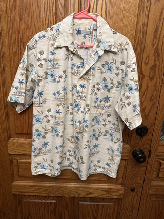 Vintage Mens Half Moon Bay Hawaiian Shirt yellow with Blue & white flowers -RCD|93267