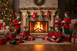 CHristmas elves in front of a fireplace
