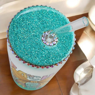 Glass Cup with Bamboo Lid and Straw 16 0z: Holographic Rhinestone Teacher w/Bow RSV|69347
