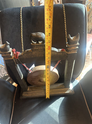 Vintage Asian Thai or Indonesian bronze 8" Kemong Gong on a carved wooden Stand #62 VV MTS
