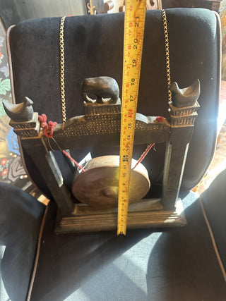 Vintage Asian Thai or Indonesian bronze 8" Kemong Gong on a carved wooden Stand #62 VV MTS