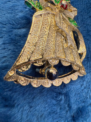 Christmas Bell Openwork Enamel GERRYS Vintage Gold Brooch Pin V-9974|139038