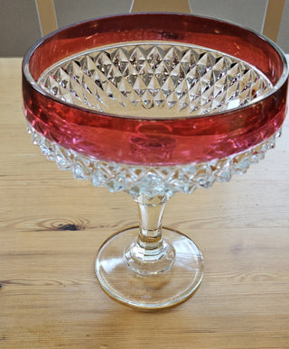 Vintage Indiana Glass Ruby Red Rim Diamond Point Candy Dish Compote Bowl, RSV|107023