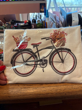 Flour Sack Tea Towel w/black bicycle/baking themed basket 30"x30"