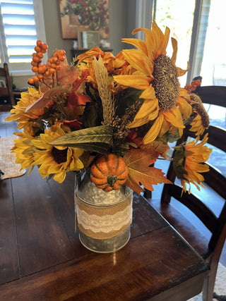Fall flowers in tin container RCD|112937