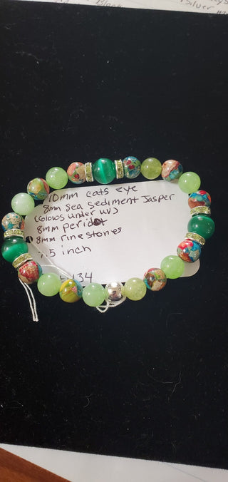 Bracelet #434 green cats eye,peridot, jasper