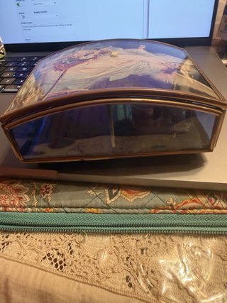 Enesco Glass / Brass Trinket box Guardian Angel Children on Bridge Blue Glass VV MTS|163244