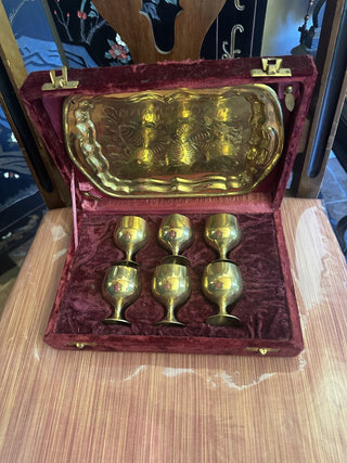 Vintage Set of 6 Brass Cordial Cups wine goblets with floral etched serving tray in valvet case #47 VV MTS|97402