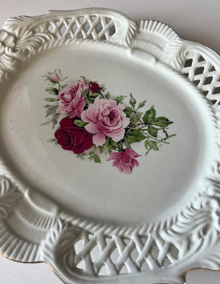 Vintage pierced porcelain rose plate large rsv|113557