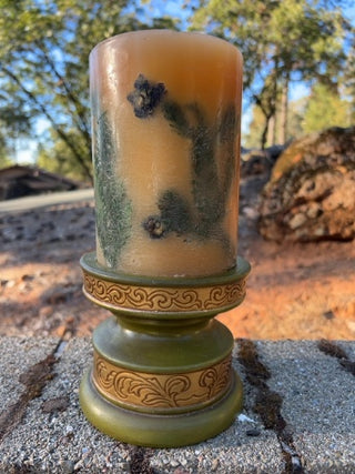 JP Pier One decorative botanical pillar candle featuring embedded olive-green pedestal holder