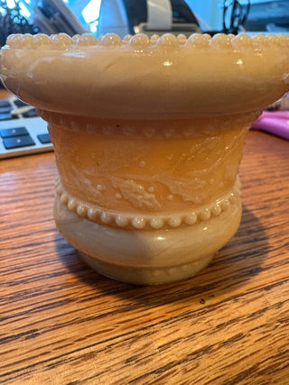 Vtg. St. Clair Caramel Slag Glass toothpick holder/tea light - headed holly band 2" RCD|117223