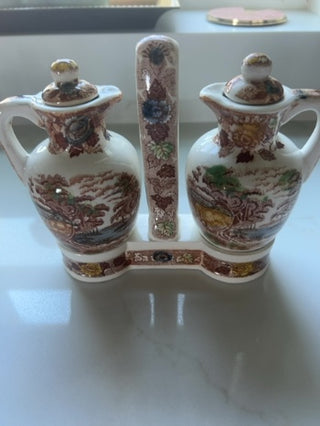 Vintage 3 Pc. Set Nasco Mountain Wood-Land Vinager and Oil Cruet w/ Stand