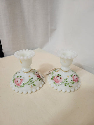 Consolidated Milk Glass Painted Candle Holder Pair RCD
