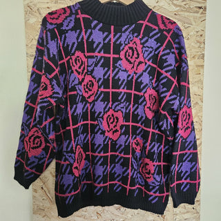 SWEATER SALE - Women's - 80's Graphic Pink Rose + Purple Sweater (L) (BRI) - MTS