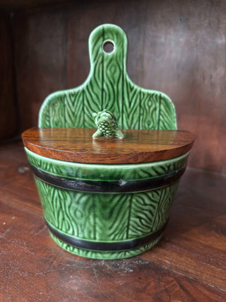 VTG ceramic barrel w/fish wood lid salt cellar NM MTS