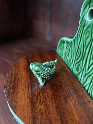 VTG ceramic barrel w/fish wood lid salt cellar NM MTS