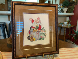 Framed Art Cross Stitched Santa and Elf 13 1/2 X 14 MTS|128699