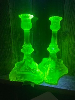 Set of Vintage Tripod Uranium Glass Candlestick Holders RCD