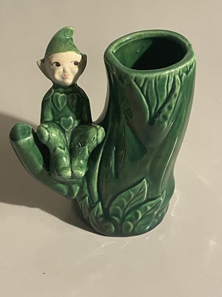 4" Vtg Pixie Elf Green Stump Vase, Treasure Craft--SP RCD