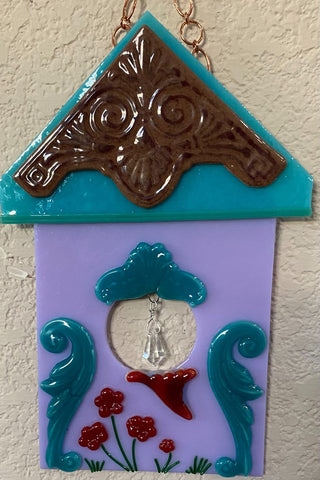 Art Glass - Plum Roof Bird House  Wall Hanging RSV