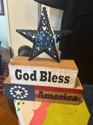 Rustic patriotic "God Bless America" distressed wooden shelf sitter