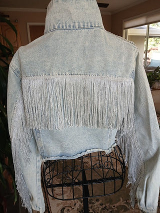 Denim Silver Fringe Jacket, Size S|128588