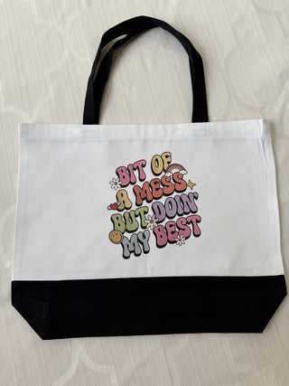 Large White Reuseable Zippered Canvas Tote Bag Bit of a Mess RCD|81900